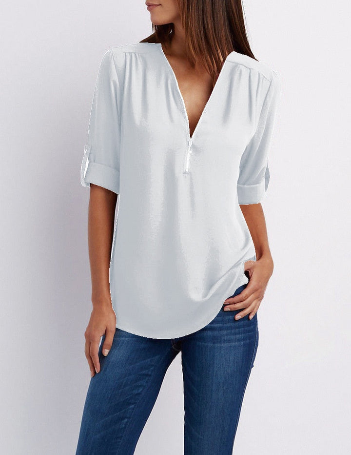 Levoire | Taille V-Neck Zip Manches Longues Chemise Sexy Casual Blouse Pour Femmes Blanc