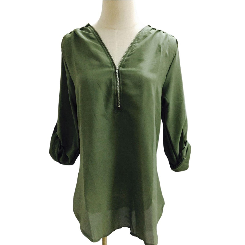 Levoire | Taille V-Neck Zip Manches Longues Chemise Sexy Casual Blouse Pour Femmes