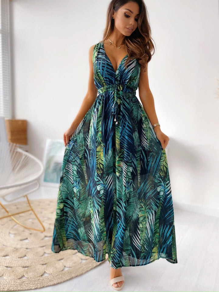 Levoire | Robe Maxi Décolleté En V Sexy Sans Manches Sans Dos Vert