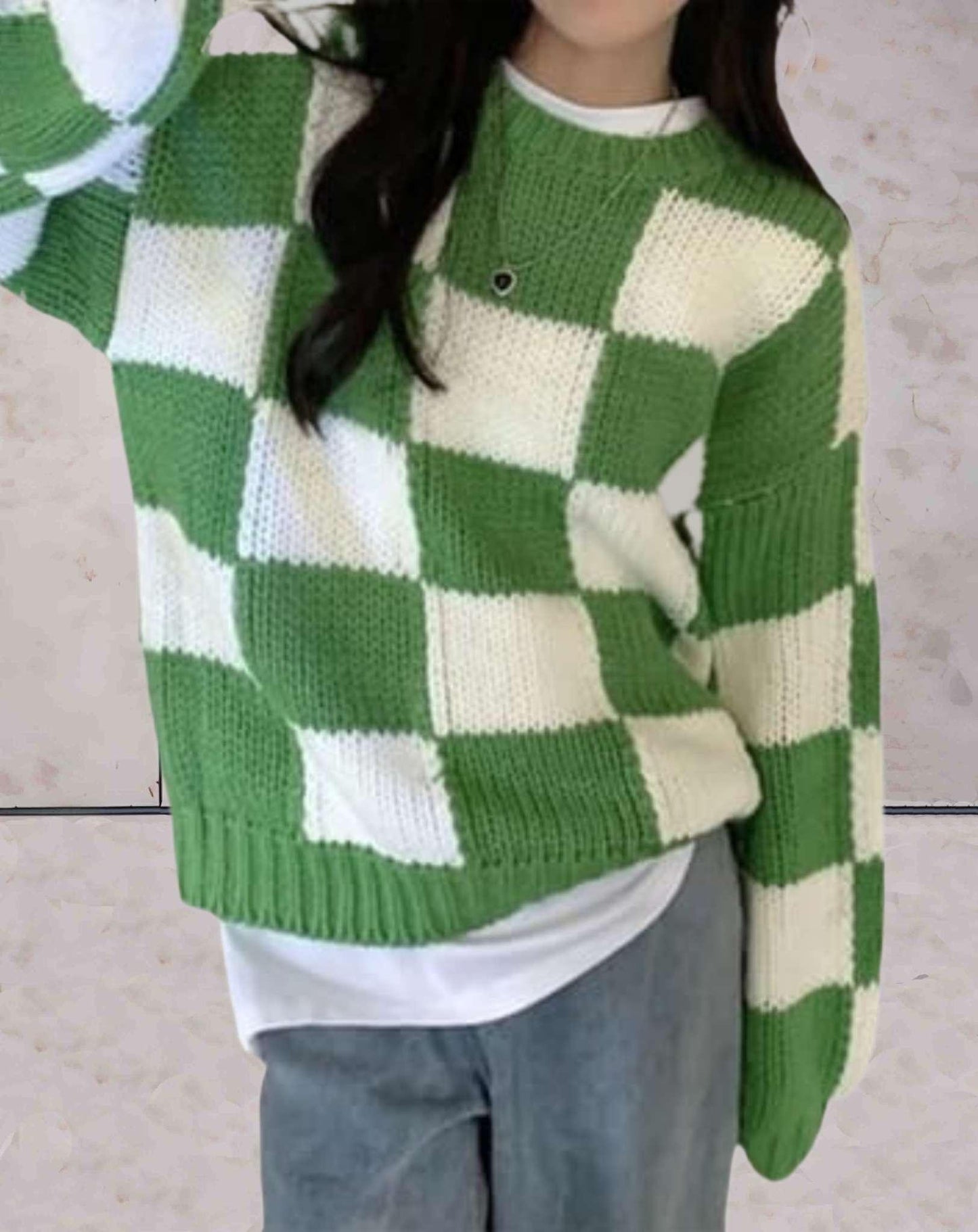 Levoire | Pull Tricoté Simple Avec Encolure Ronde Et Motif Carré Vert