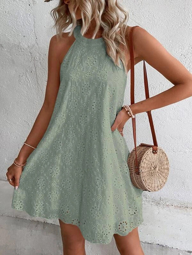 Levoire | Col Robe Œillets Chic Robe Mini Robe D'Été Vert