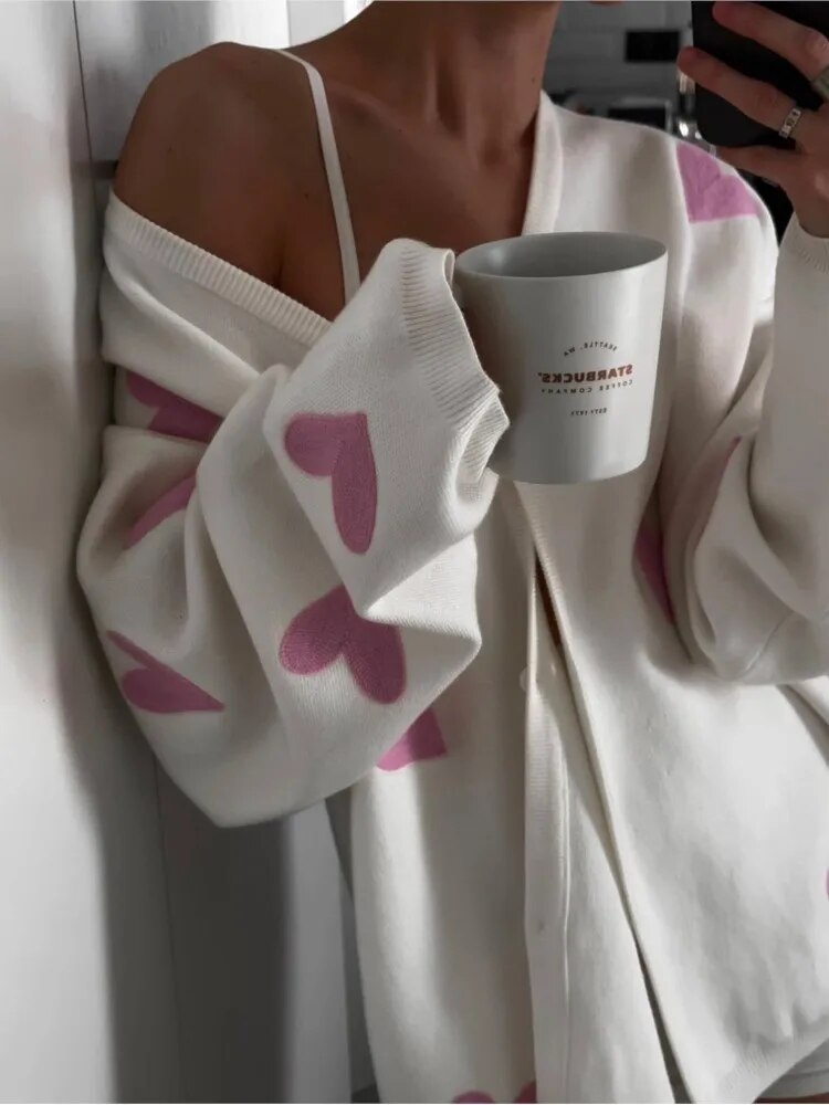 Levoire | Cœur Imprimé Blanc Gilet Tricoté