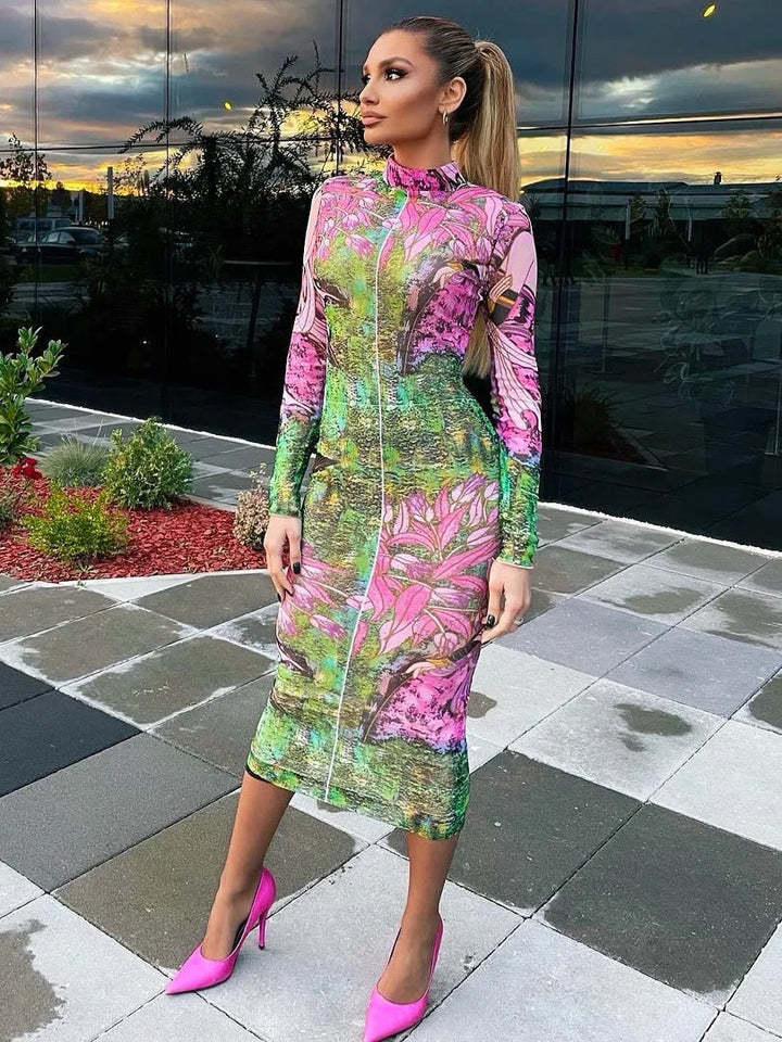Levoire | Robe Midi Bodycon Imprimée À Fleurs À Manches Longues