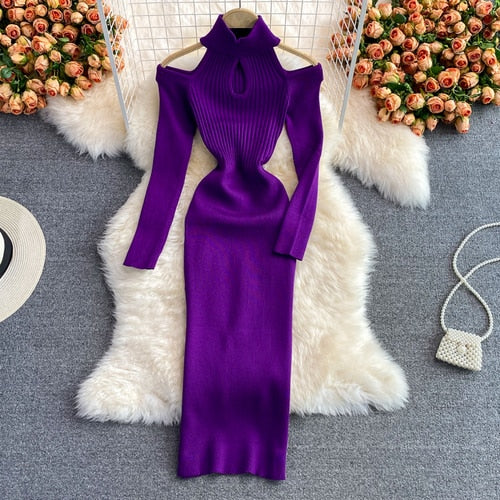 Levoire | Robe Tricot Urbain Épaules Dénudées Violet Une taille