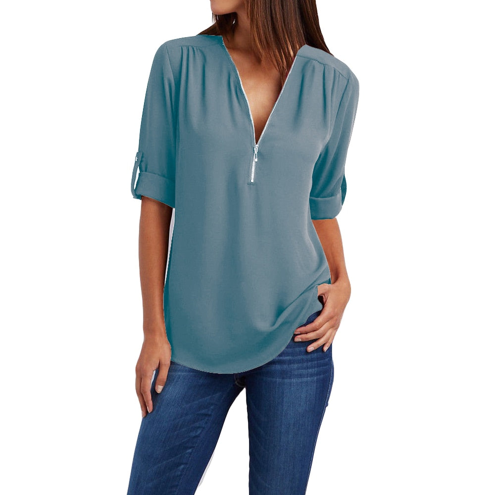 Levoire | Taille V-Neck Zip Manches Longues Chemise Sexy Casual Blouse Pour Femmes