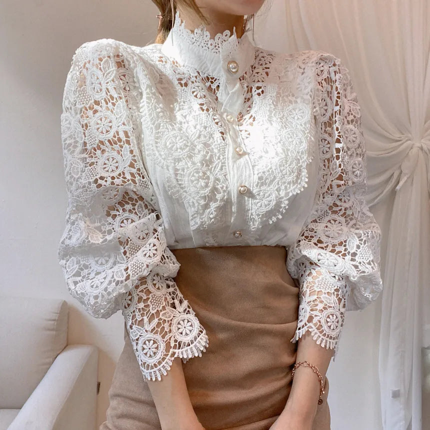 Levoire | Vintage Élégante Blouse Pour Femmes Avec Manches Creuses Et Col Blanc