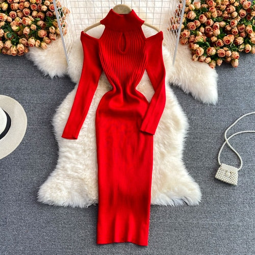 Levoire | Robe Tricot Urbain Épaules Dénudées Rouge Une taille