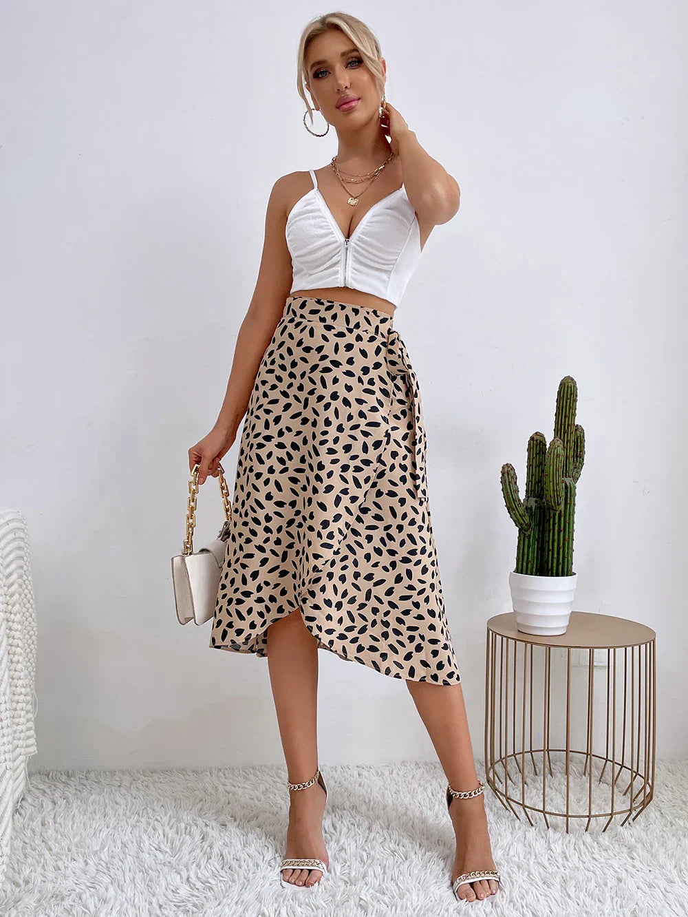 Levoire | Boho Décontracté Imprimé Jupe Portefeuille Élégante Jupe Asymétrique Longueur Genou Taille Haute