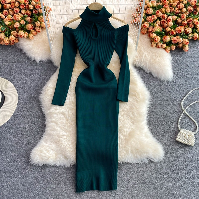 Levoire | Robe Tricot Urbain Épaules Dénudées Vert Une taille