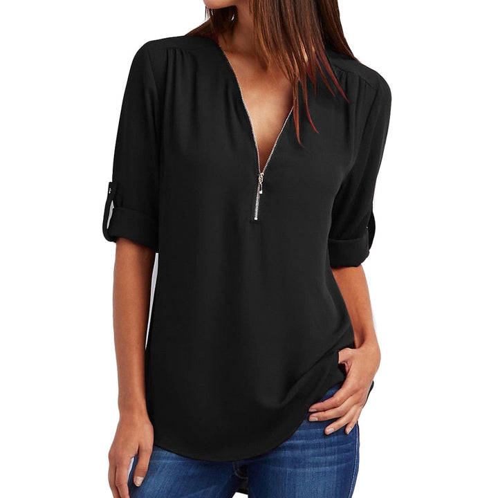 Levoire | Taille V-Neck Zip Manches Longues Chemise Sexy Casual Blouse Pour Femmes