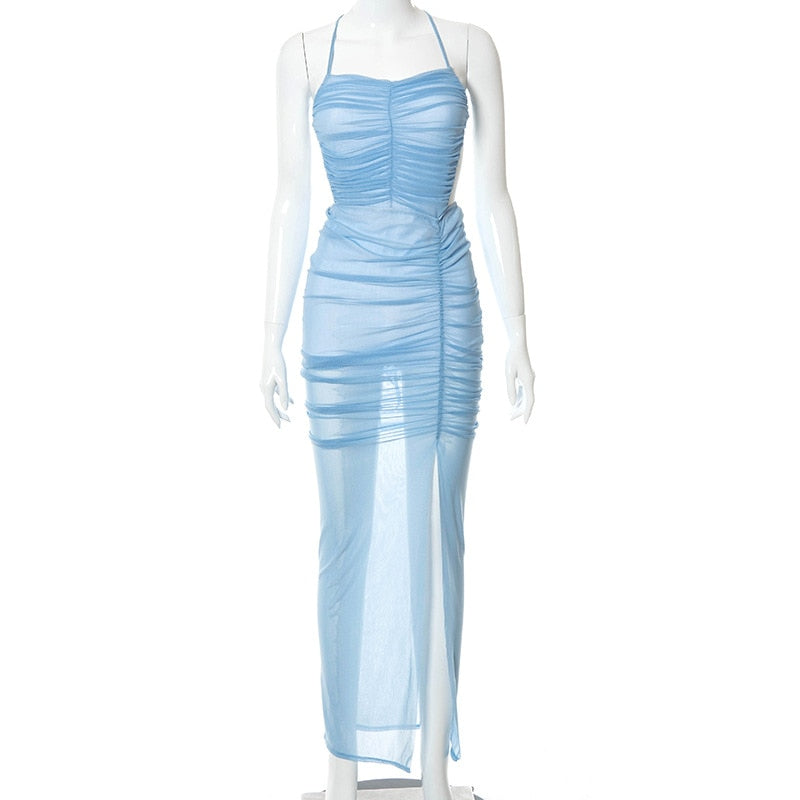 Levoire | Mousseline Sans Bretelles Dos Ouvert Robe Maxi Bleu