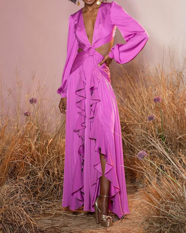 Levoire | Huleplissé Volant Manches Longues Robes Maxi Rose claire