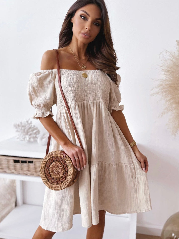 Levoire | Robe Mini Dos Nu Manches Bouffantes Fête Plage Beige
