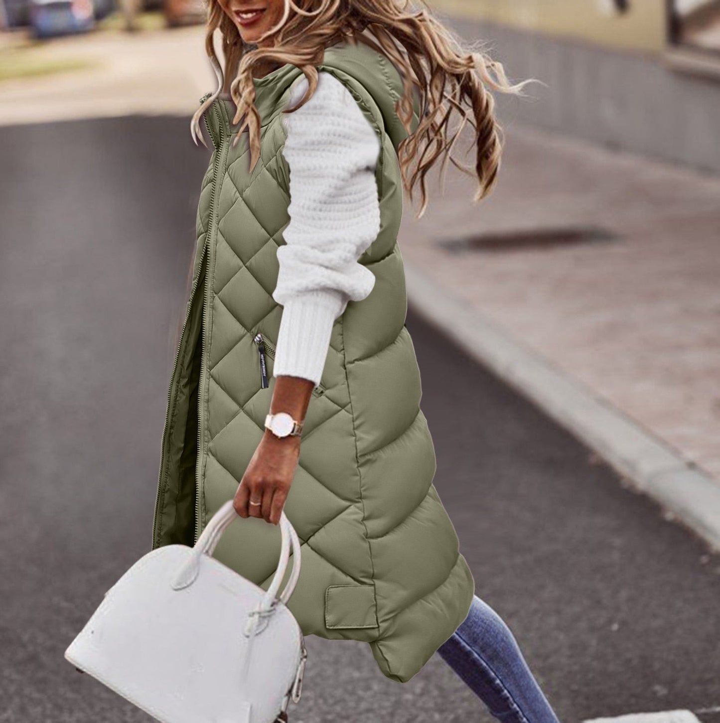 Levoire | Long Puffer Style Quilted Vest With Hood For Women Vert olive