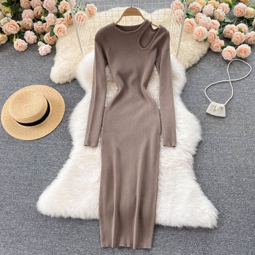 Levoire | Robe Maxi Sexy Tricotée Découpée Café Une taille