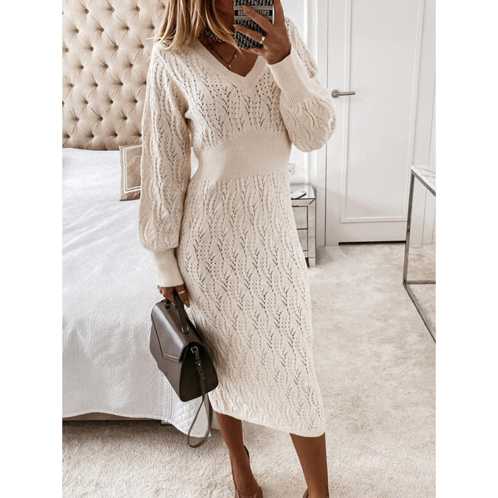 Levoire | Robe Midi Beige Tricot Automne Blanc