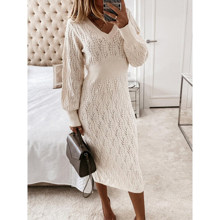 Levoire | Robe Midi Beige Tricot Automne Blanc