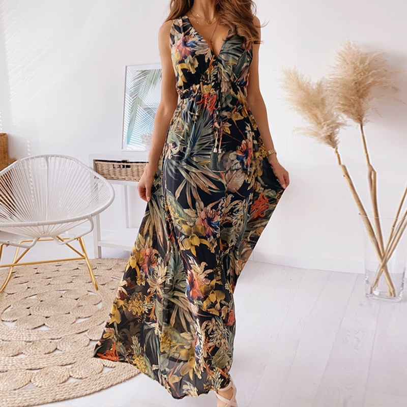 Levoire | Robe Maxi Aérienne Élégance Été Noir avec des fleurs