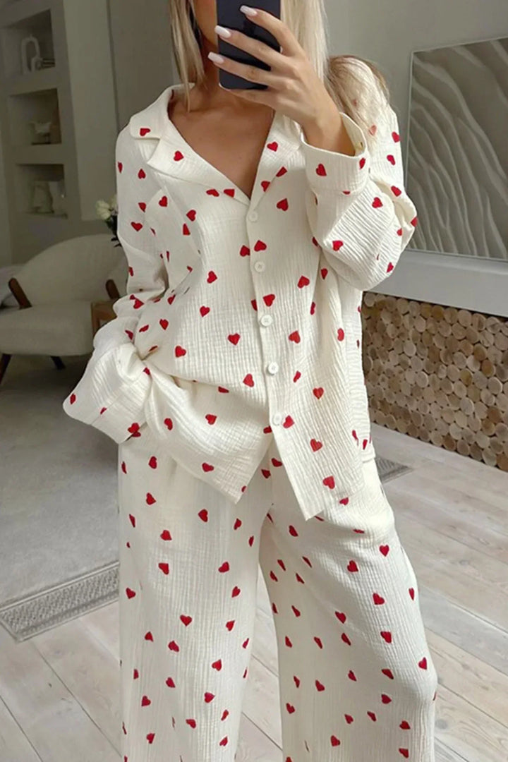 Levoire | Ensemble De Pyjama À Motif De Cœur Douillet À Deux Pièces Beige