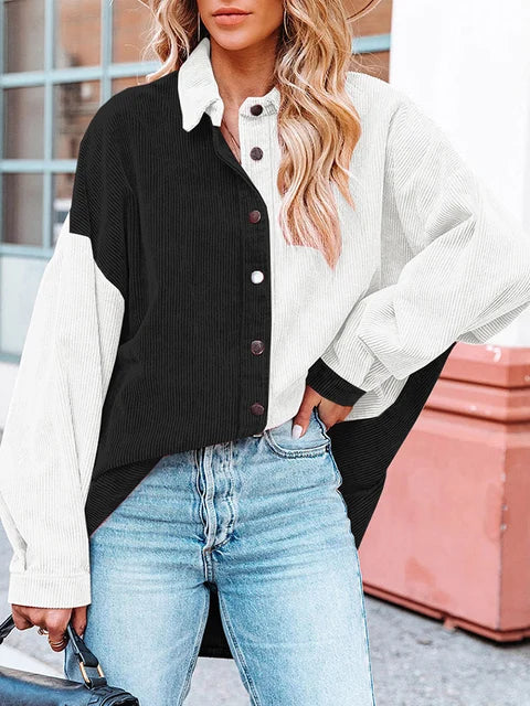 Levoire | Chemise Smart En Velours À Manches Longues Avec Boutons Noir blanc