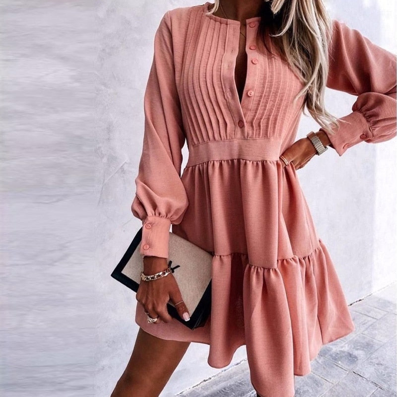 Levoire | Robe Volants Boutonnée Printemps Manches Longues A-Ligne Rose