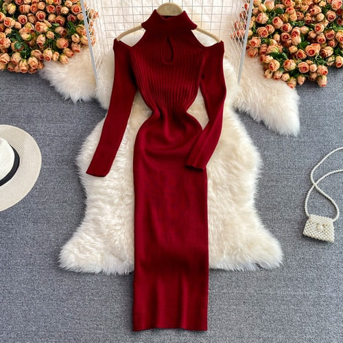 Levoire | Robe Tricot Urbain Épaules Dénudées Bourguignon Une taille