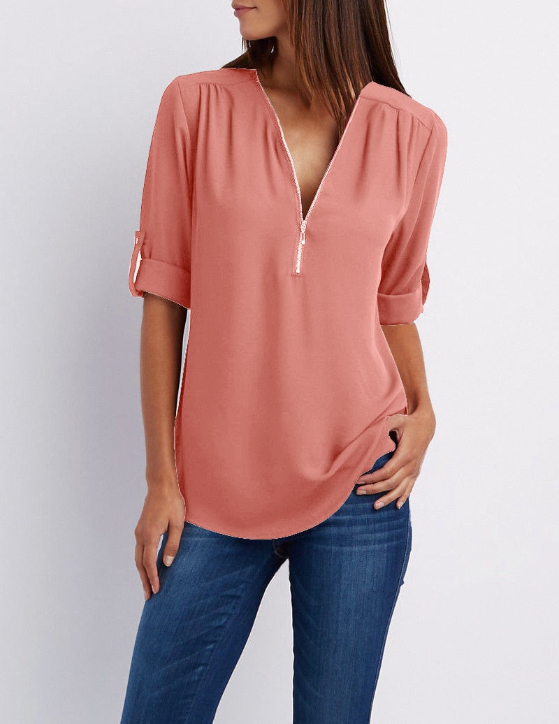 Levoire | Taille V-Neck Zip Manches Longues Chemise Sexy Casual Blouse Pour Femmes