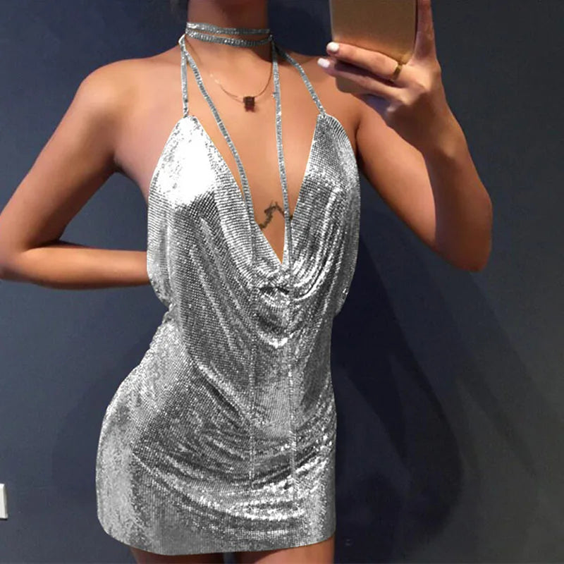 Levoire | Robe Mini Métallique Bustier Dos Nu Fente Diamant Argent Taille unique