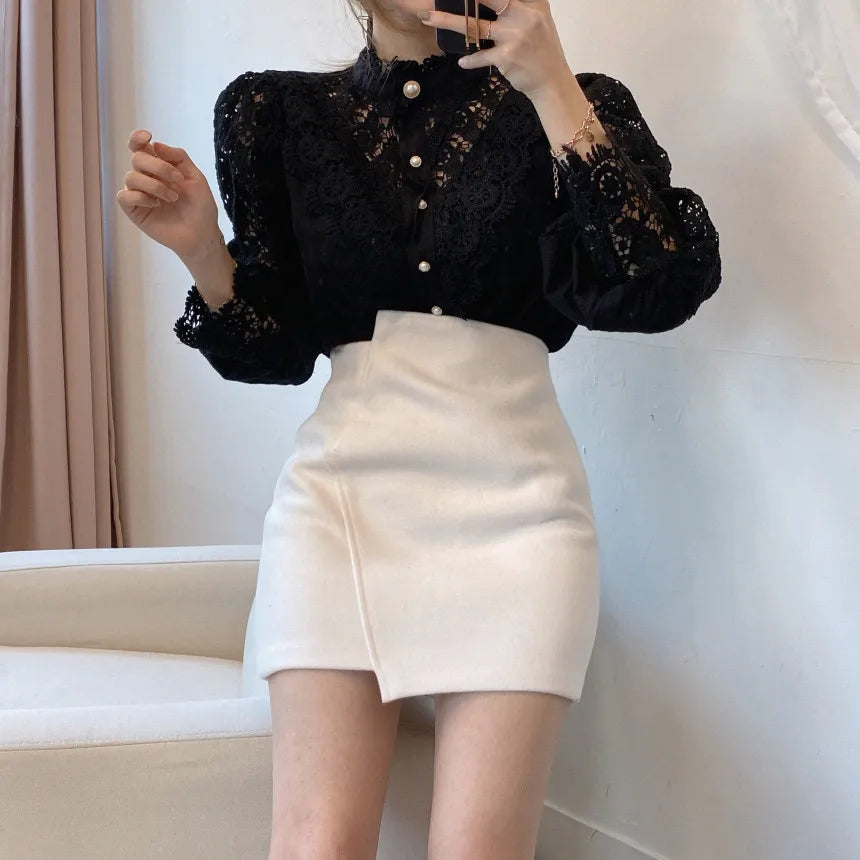 Levoire | Vintage Élégante Blouse Pour Femmes Avec Manches Creuses Et Col Noir