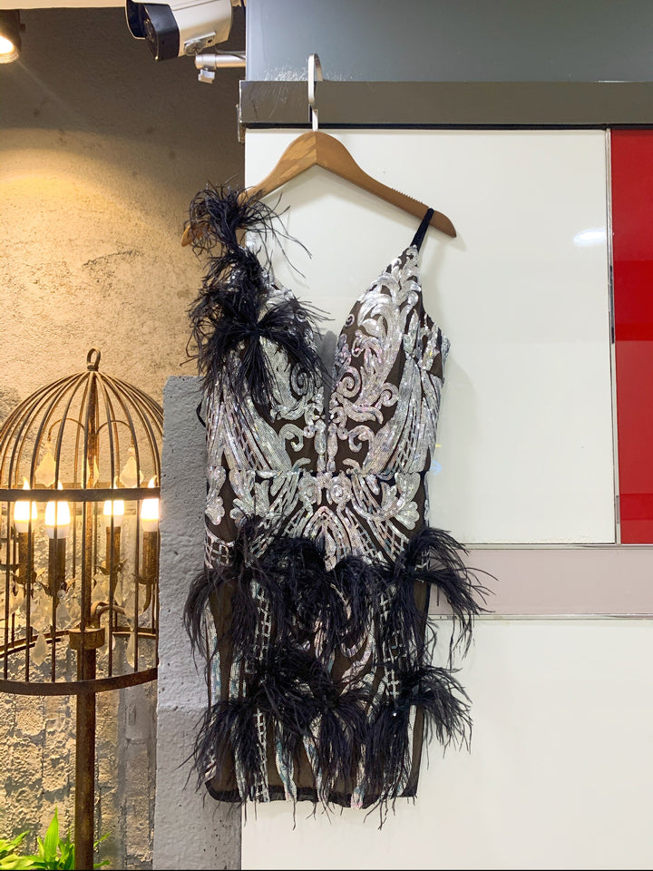 Levoire | Robe Mini Paillettes À Plumes Noires Noir