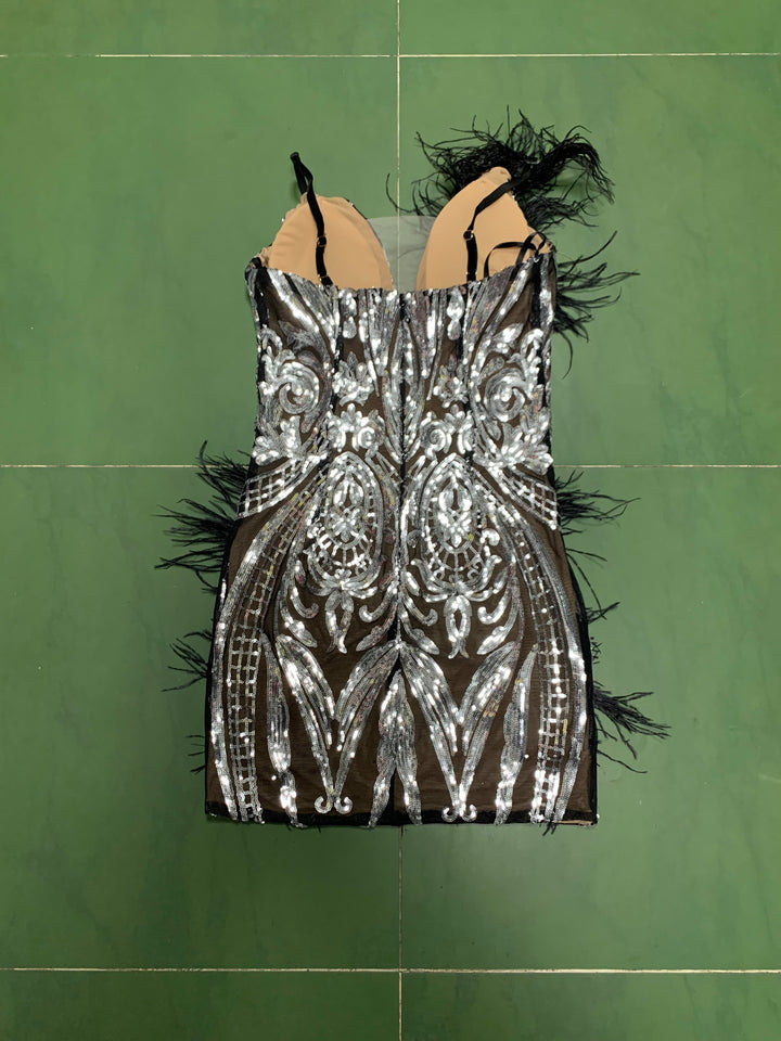 Levoire | Robe Mini Paillettes À Plumes Noires