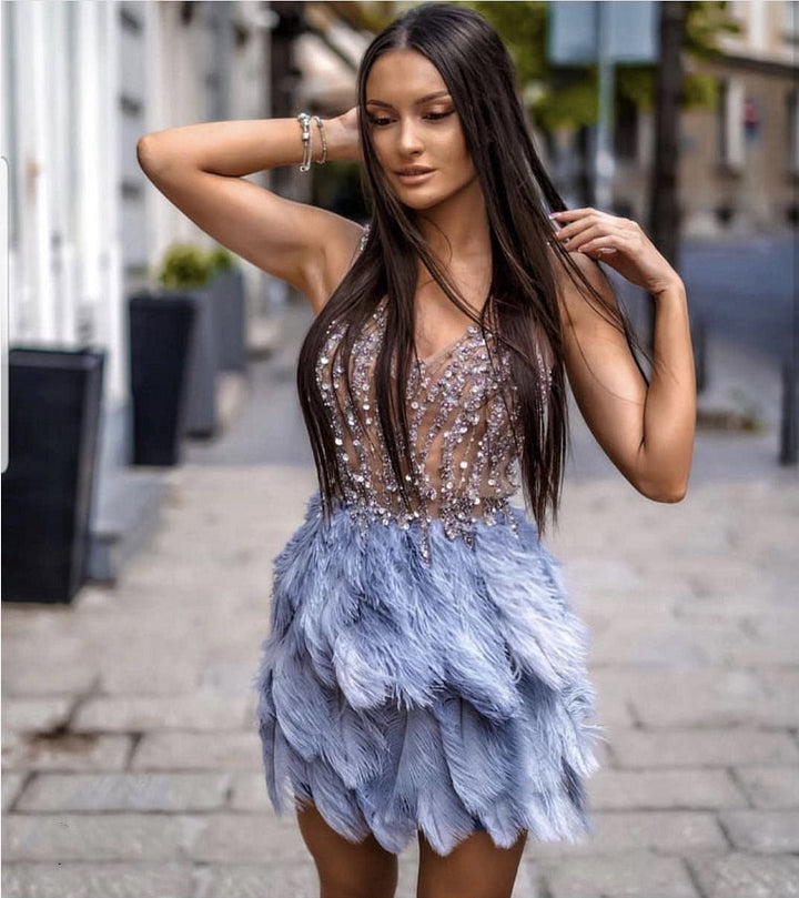 Levoire | Plumes Paillettes Mini Robes Épaules Dégagées