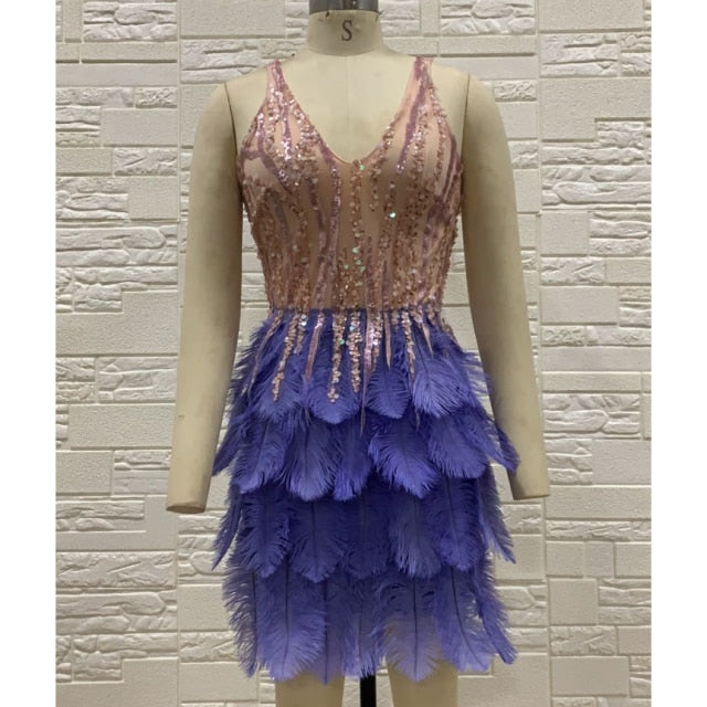 Levoire | Plumes Paillettes Mini Robes Épaules Dégagées Bleu
