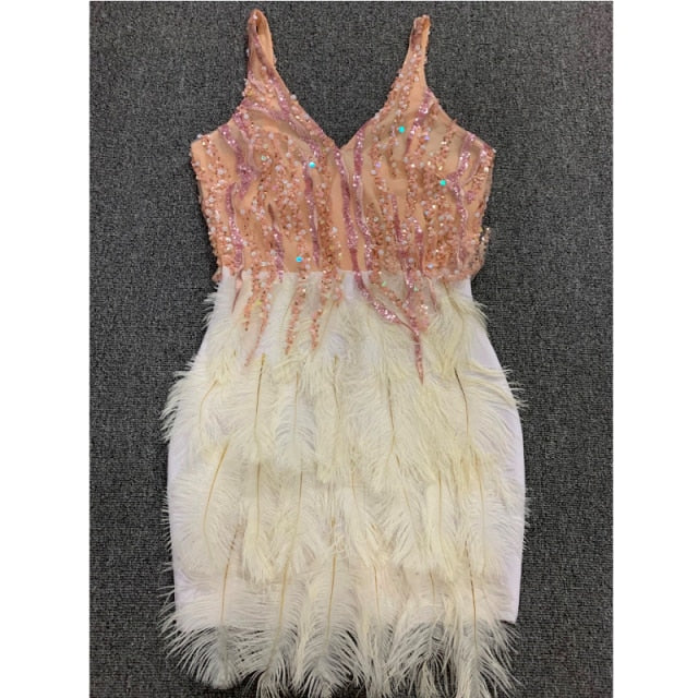 Levoire | Plumes Paillettes Mini Robes Épaules Dégagées