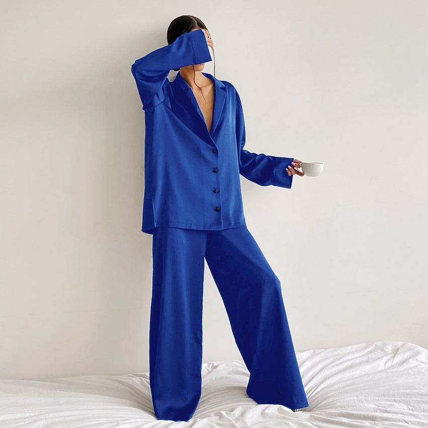 Levoire | Ylipaino Satiini Silkkipyjama Setti Sininen