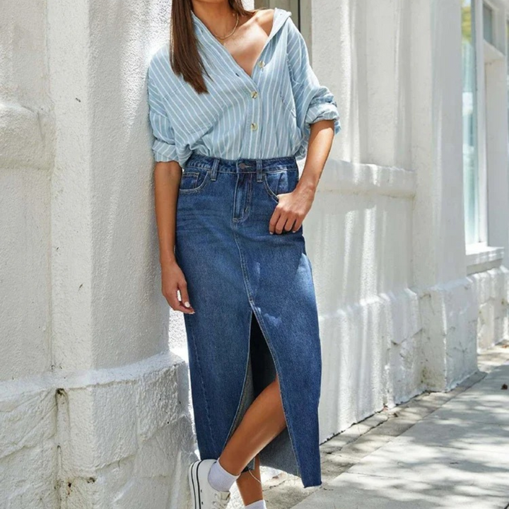 Levoire | Taille Haute A-Ligne Fente Jean Bleu Long Washed Jupe Bleu