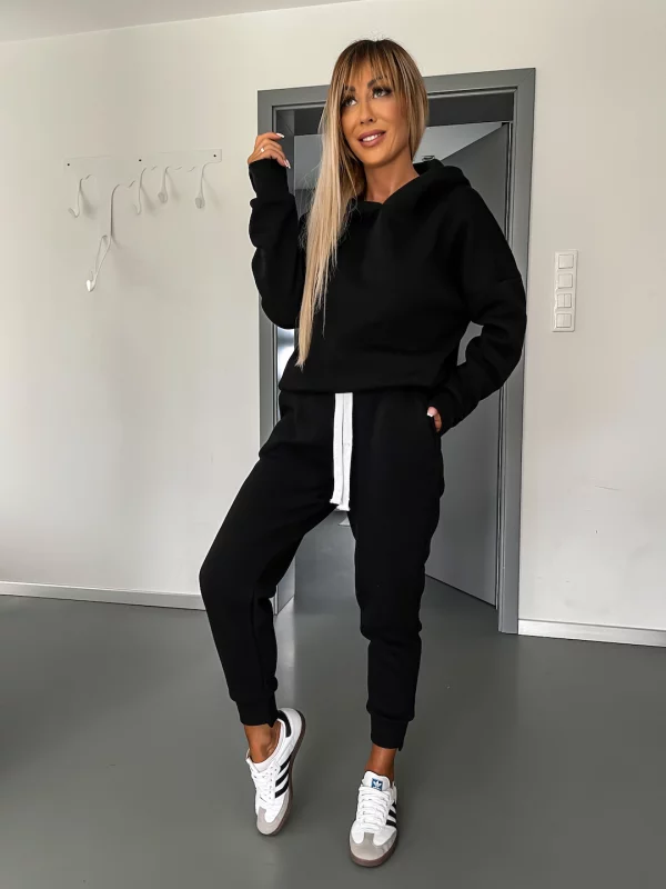 Levoire | Ensemble De Sweatpants En Coton À Cordon, Survêtement, Jogging Pour Femmes Noir