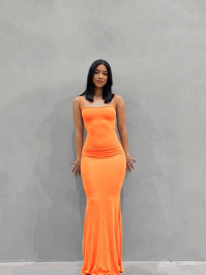 Levoire | Robe Maxi Slim Sans Épaules Dos Nu Orange