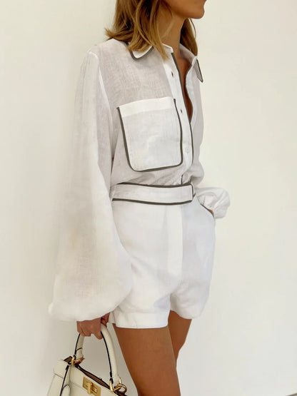 Levoire | Lin | Contraste Dentelle Ensemble Deux Pièces Shorts