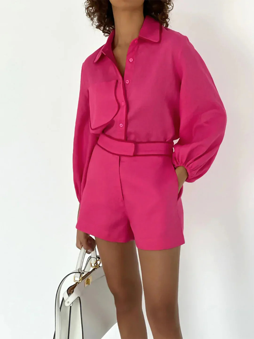 Levoire | Lin | Contraste Dentelle Ensemble Deux Pièces Shorts Rosa