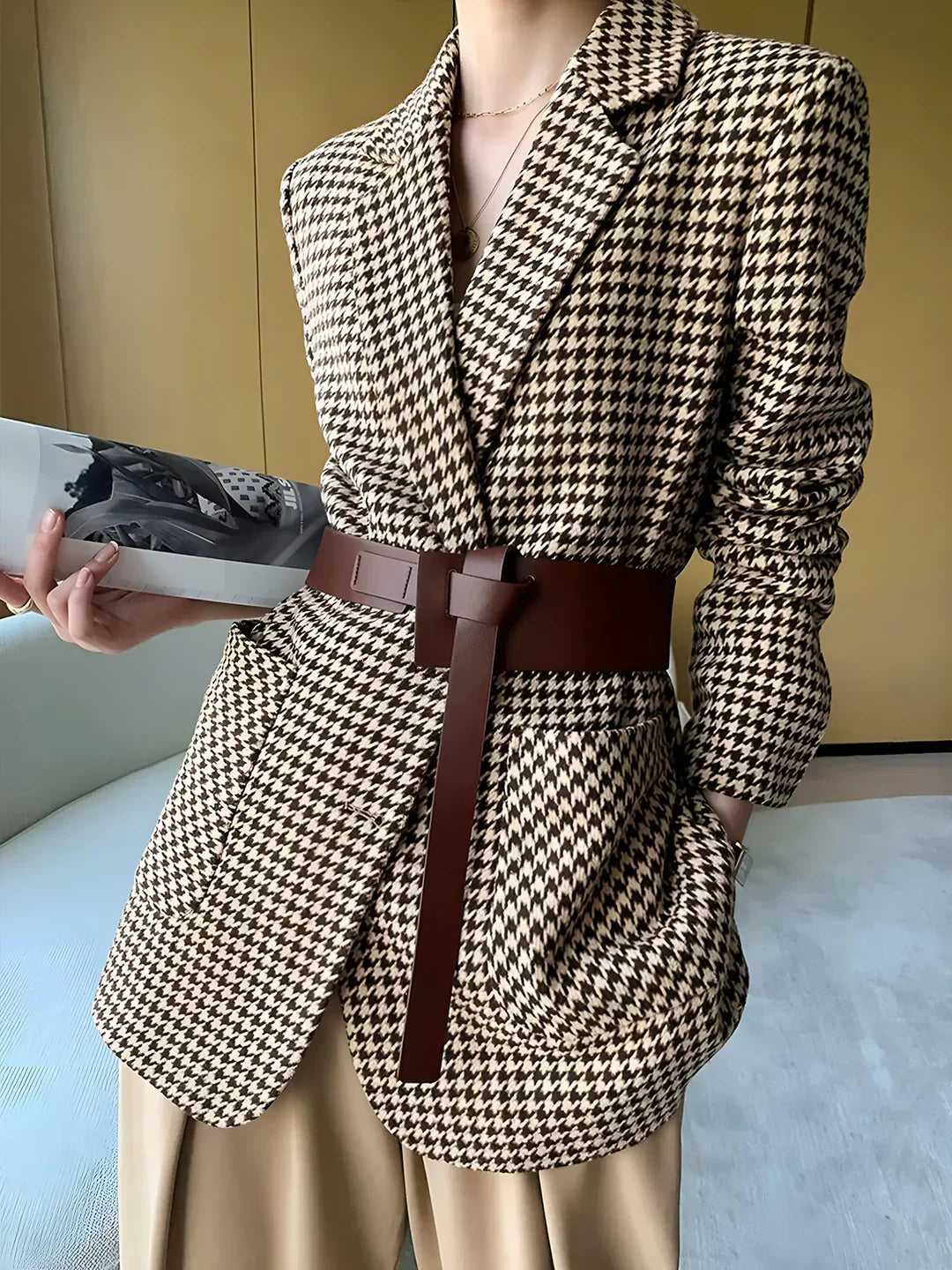 Levoire | Blazer À Carreaux Élégant À Fermeture Avec Ceinture Kaki