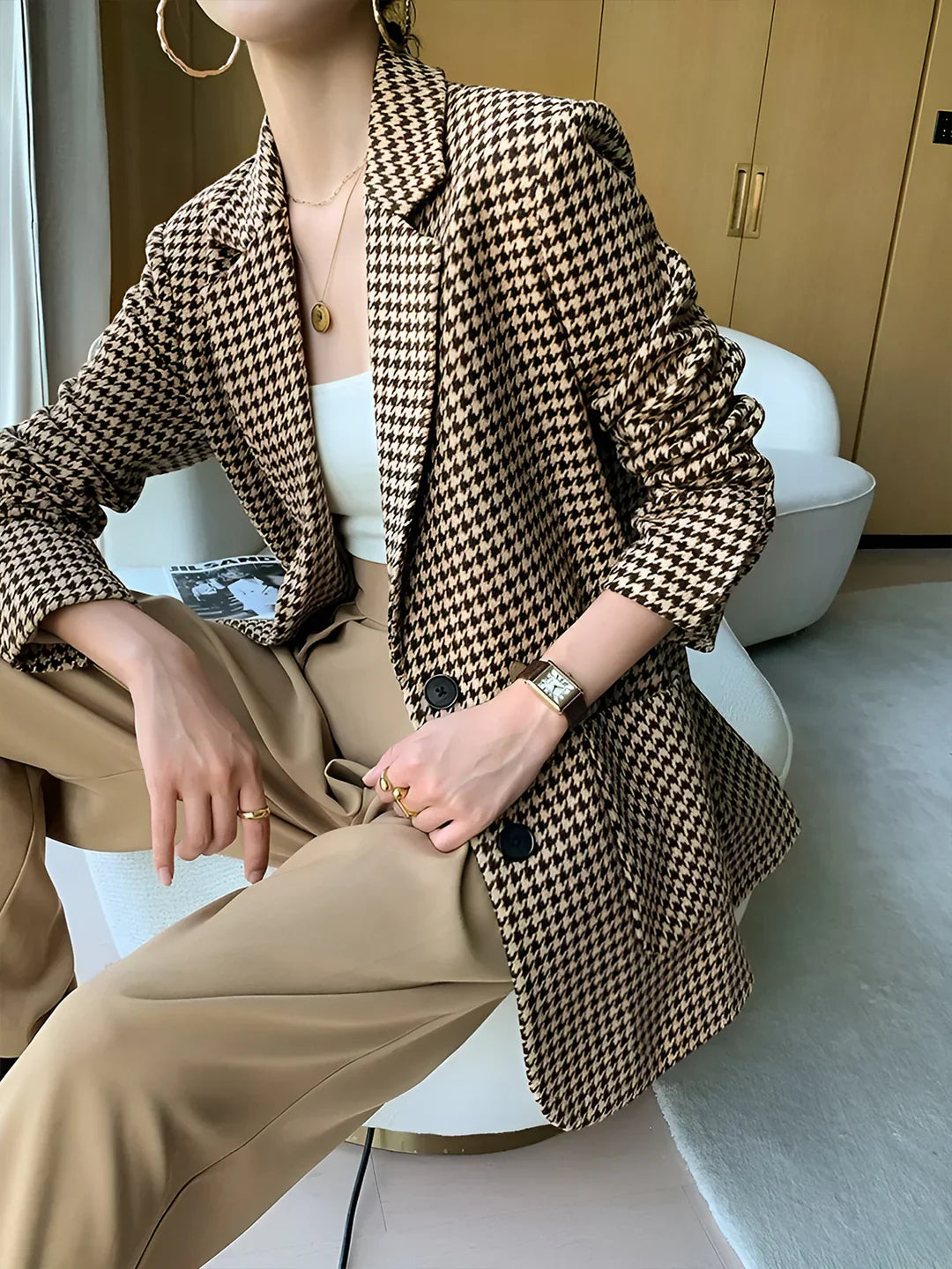 Levoire | Blazer À Carreaux Élégant À Fermeture Avec Ceinture