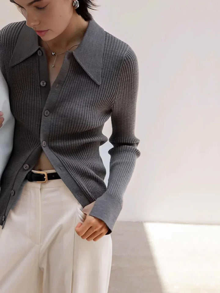 Levoire | Élégant Cardigan Slim À Rayures Avec Revers Anthracite