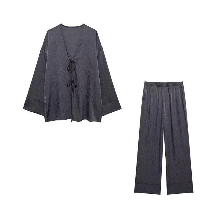 Levoire | Ensemble À Deux Pièces Avec Fermeture À Nœud (Blouse Et Pantalon) Gris Foncé