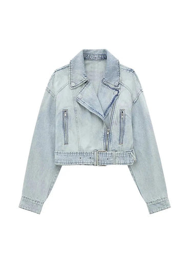 Levoire | Veste Cropped En Denim Bleu Clair Avec Ceinture