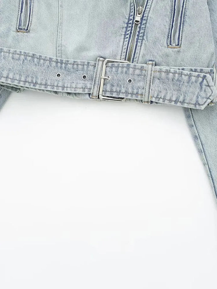 Levoire | Veste Cropped En Denim Bleu Clair Avec Ceinture