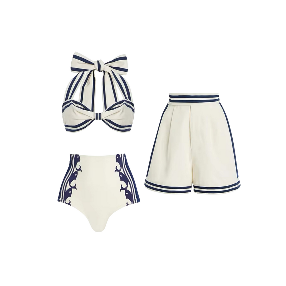 Levoire | Ensemble De Bikini Et Shorts Maritimes En Style Vintage L