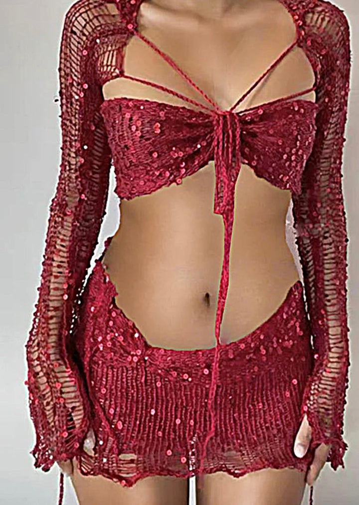 Levoire | Cropped Top En Crochet À Paillettes Bohémien Jupe Mini Maillots De Bain