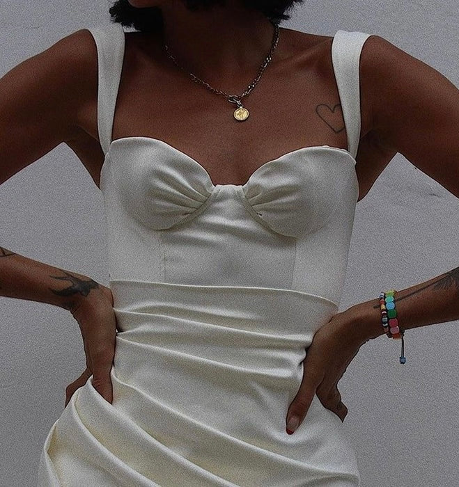 Levoire | Robe Midi En Satin À Bretelles Épaisses Fendue Plissée