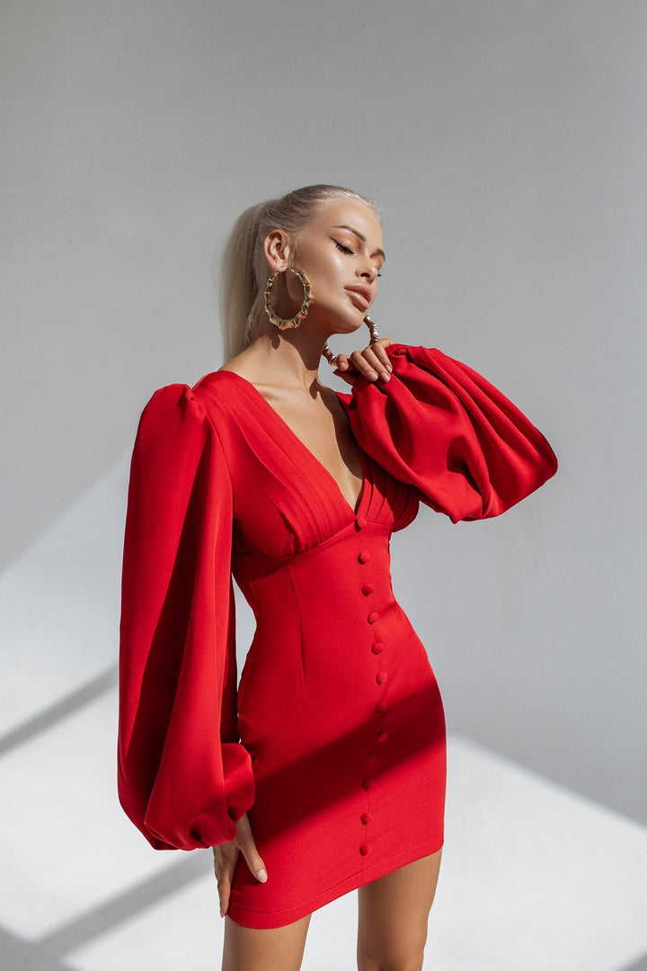Levoire | Élégante Robe Mini Rouge Sans Dos À Manches Bouffantes Rot